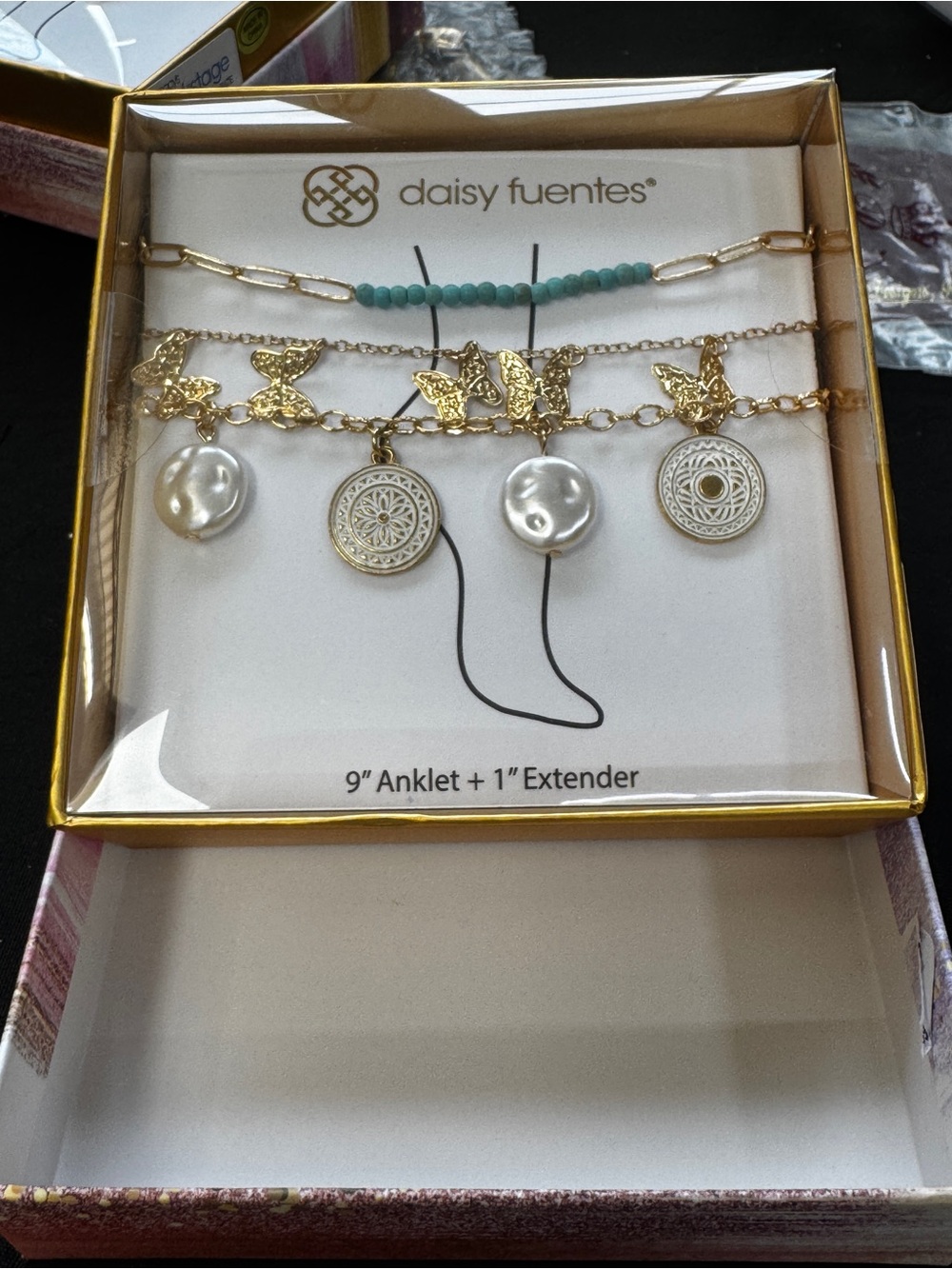 Daisy Fuentes Gold and Turquoise Layered Anklet with Pearl and Coin Charms